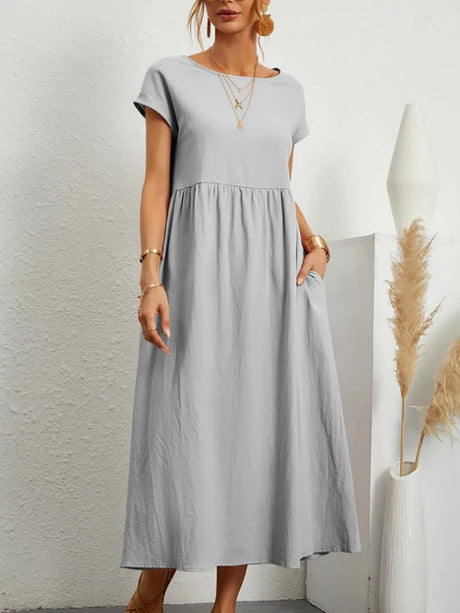 Women Elegant Solid Maxi Dress Summer Short Sleeve O Neck Vintage Harajuku Cotton Linen Loose Sundress Y2K Pockets Long Dress - Lootquake