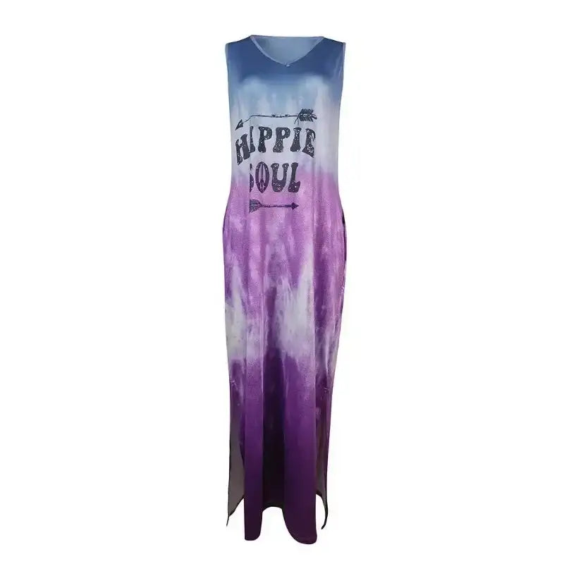 Women's Oversized Sleeveless Pocket Long Dress Women's Tie Dyed Letter Long Dress Casual Loose Slit Gradient Printed Dress - Lootquake