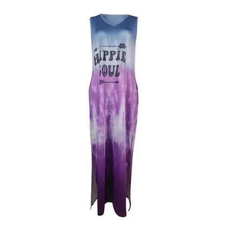 Women's Oversized Sleeveless Pocket Long Dress Women's Tie Dyed Letter Long Dress Casual Loose Slit Gradient Printed Dress - Lootquake