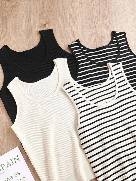 Top Women's loose-fitting striped, spicy Casual Sleeveless Top with round neckline and off-the-shoulder outdoor tank top, summer - Lootquake