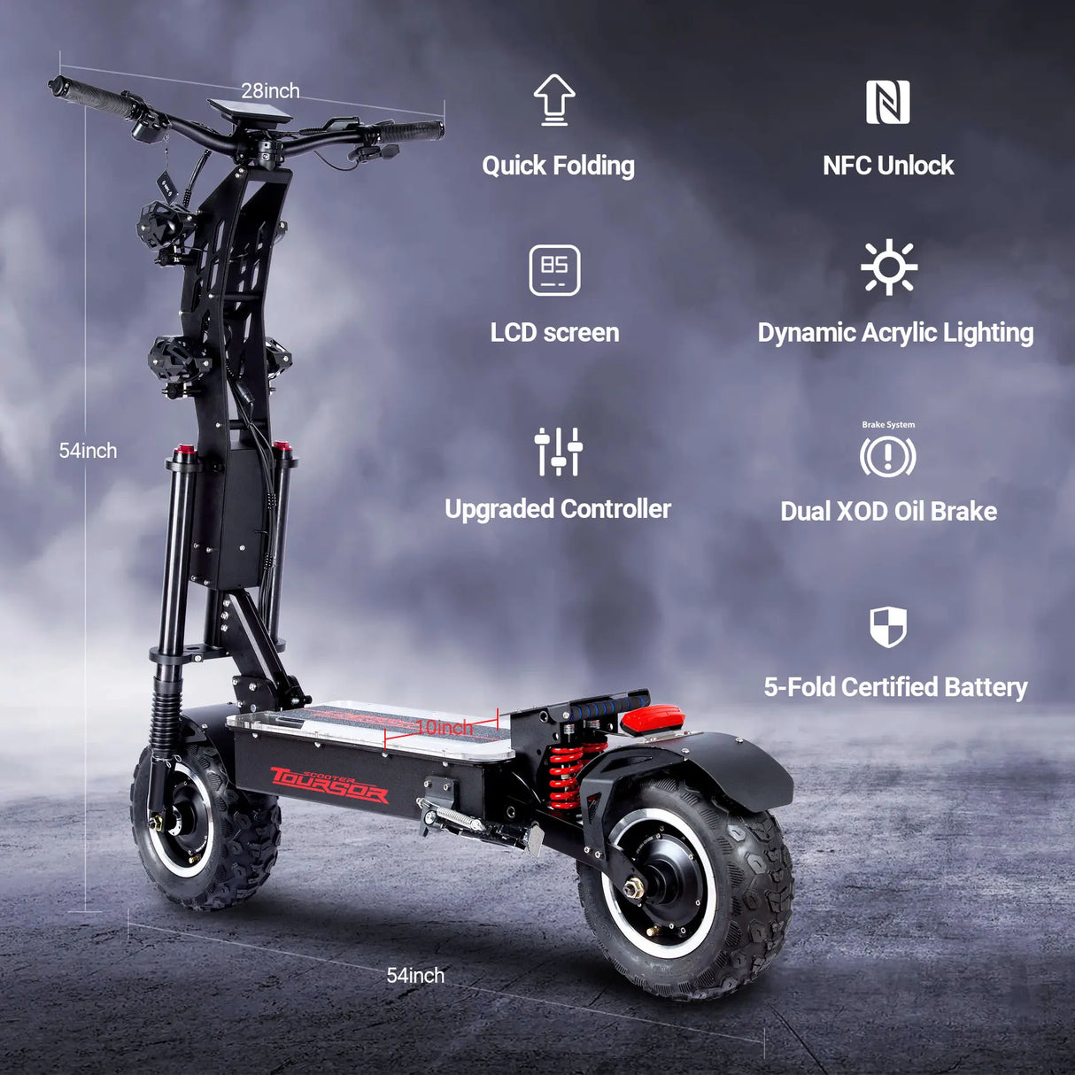 Trottinette électrique NFC en alliage d'aluminium améliorée, contrôle intelligent, 72 V, 50 A, 10 000 W, pneus tout-terrain/ville de 14 pouces, vitesse de 120 km/h