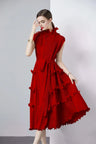 Miyake Pleated Shoulder Bag Heavy Industry Wood Ear Edge Pleated Lace-up Belt Long Dress Stand Collar Plus Size Women's Clothing