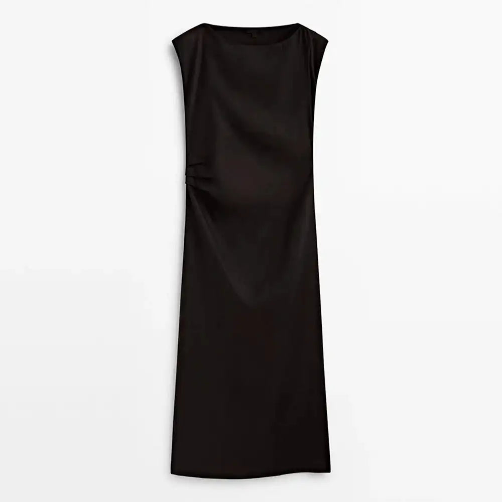 TRAF Women's Long Sleeveless Dress Black Fashion Linen Blend Shrinking Pleated Long Dress Temperament Elegant Women's Clothing - Lootquake