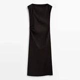 TRAF Women's Long Sleeveless Dress Black Fashion Linen Blend Shrinking Pleated Long Dress Temperament Elegant Women's Clothing - Lootquake