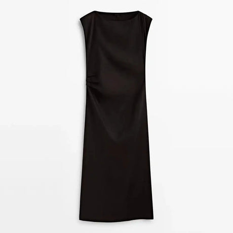 TRAF Women's Long Sleeveless Dress Black Fashion Linen Blend Shrinking Pleated Long Dress Temperament Elegant Women's Clothing - Lootquake
