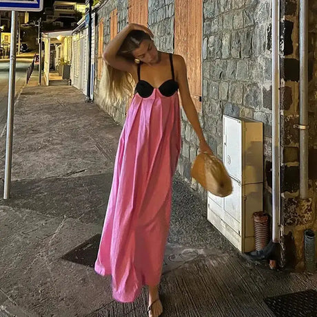 Sexy Backless Beach Dress Women 2024 Holiday Sleeveless Loose Slip  Long Dress Street Fashion Panelled Bandage Summer Lady Robe - Lootquake