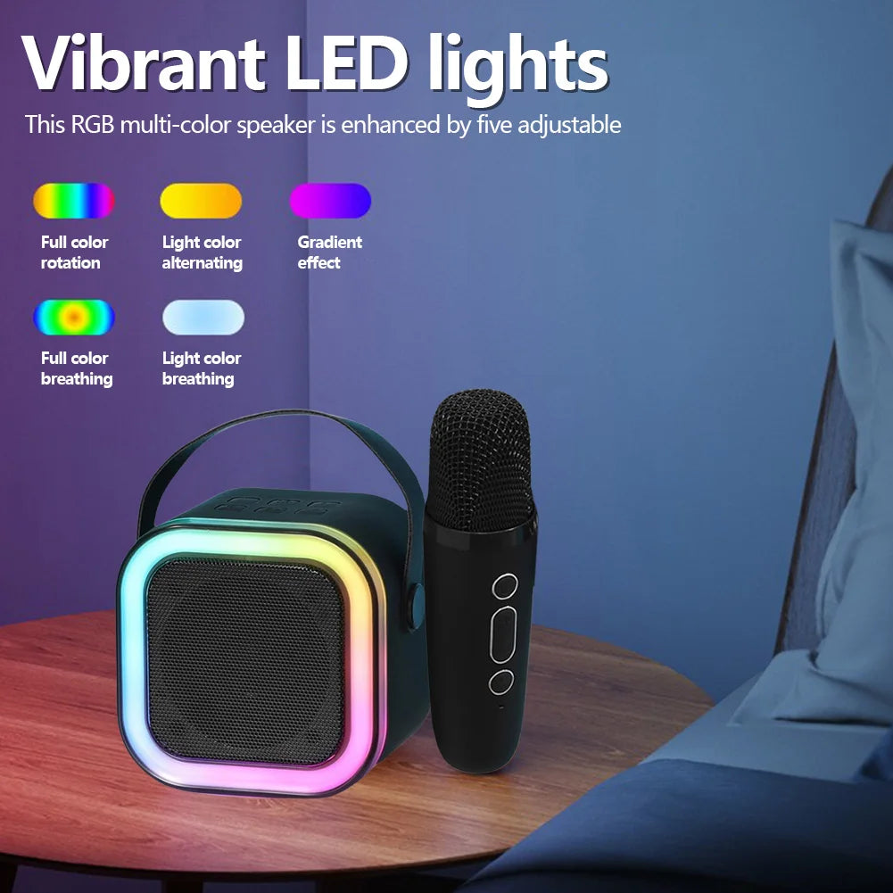 Máquina de karaoke Bluetooth 5.3 con micrófono inalámbrico y luces LED ajustables, mini altavoz para niños y adultos.