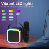 Máquina de karaoke Bluetooth 5.3 con micrófono inalámbrico y luces LED ajustables, mini altavoz para niños y adultos.