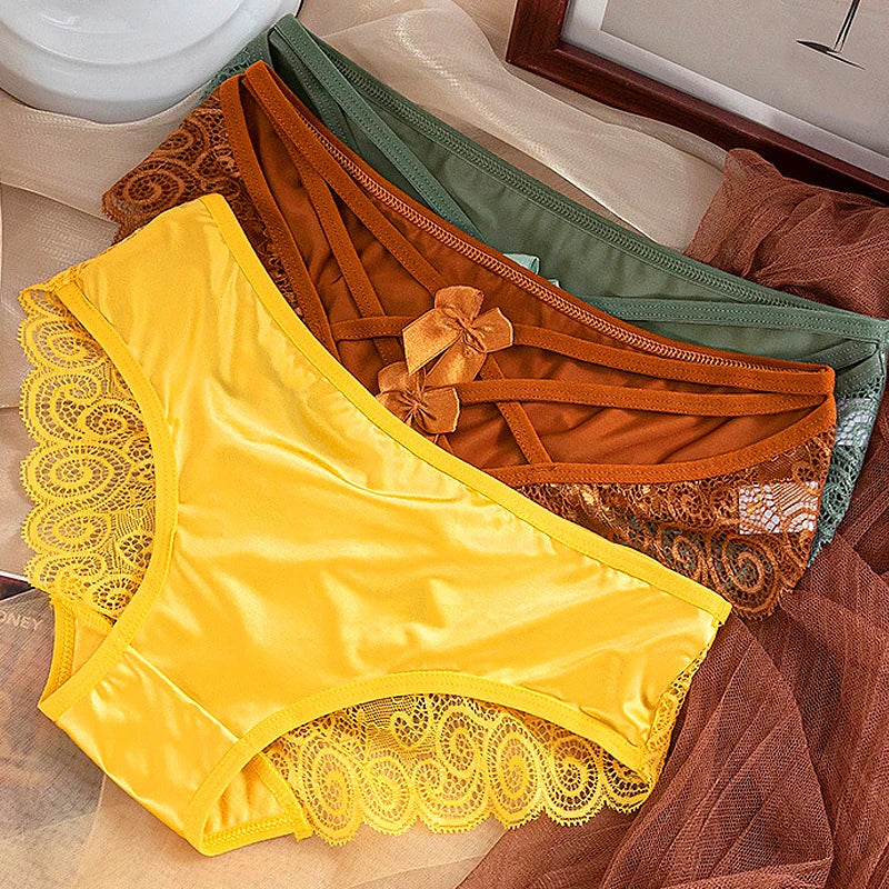Lace Satin Panties For Women Sexy Silk Briefs Underwear Mid Waist Strap Bowknot Underpants Solid Breathable Seamless Lingerie - Lootquake