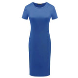 652F Women Summer Short Sleeve Plain Slim Fitted Knee Length Package Hip Long Dress - Lootquake