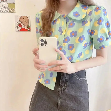 Women Summer Korean Casual Printing Chiffon Loose Polo-Neck Short Sleeve Blouse Women Clothes Sweet All-match Floral Top Tee - Lootquake