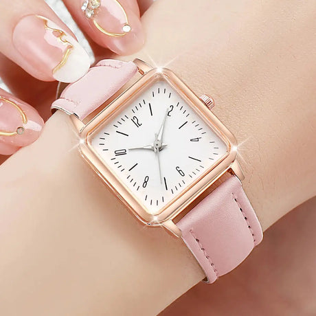 3PCs/Set Women's Fashion Watch Square Simple Dial Leather Quartz Watch Set - Lootquake