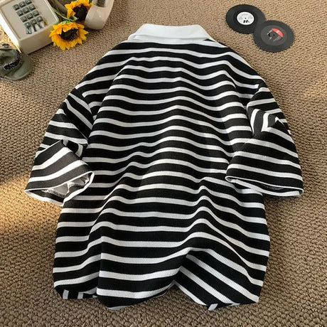 Summer trend men and women hip-hop personality waffle stripes POLO short sleeved couple loose vintage casual T-shirt top y2k - Lootquake