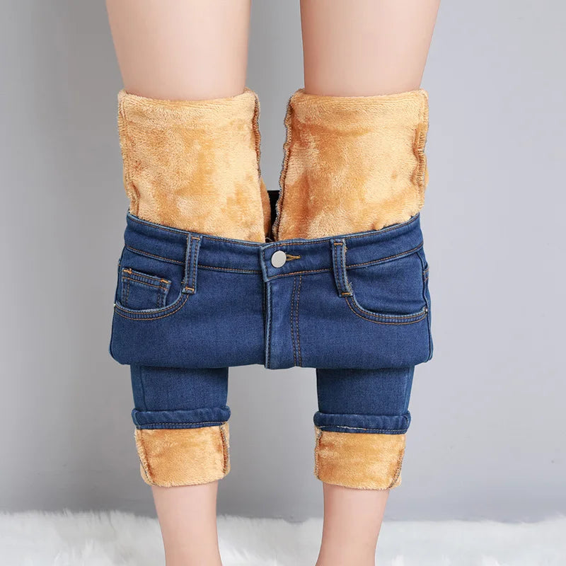 Women Thermal Jeans Winter Snow Warm Plush Stretch Jeans Lady Skinny Thicken Fleece Denim Long Pants Retro Blue Pencil Trousers - Lootquake