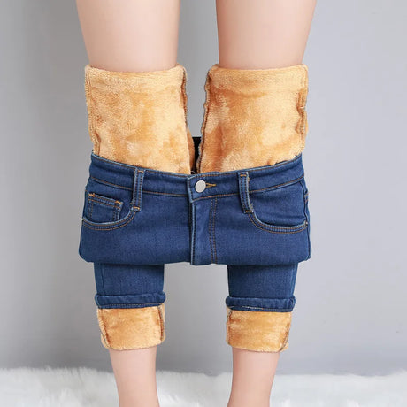 Women Thermal Jeans Winter Snow Warm Plush Stretch Jeans Lady Skinny Thicken Fleece Denim Long Pants Retro Blue Pencil Trousers - Lootquake