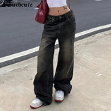 SUCHCUTE Low Waist Jeans for Women Goth Y2k Style Baggy Jeans Punk New Jeans Wide Leg Denim Pants Kpop Casual Loose Streetwear - Lootquake