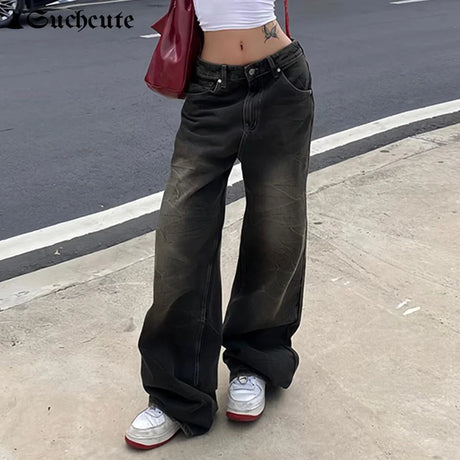 SUCHCUTE Low Waist Jeans for Women Goth Y2k Style Baggy Jeans Punk New Jeans Wide Leg Denim Pants Kpop Casual Loose Streetwear - Lootquake