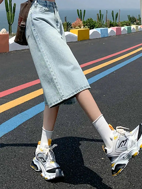 Female Summer American Vintage Baggy Denim Cropped Pants Woman High Waist Washed Wide Leg Jeans Light Blue Loose A Line Shorts - Lootquake