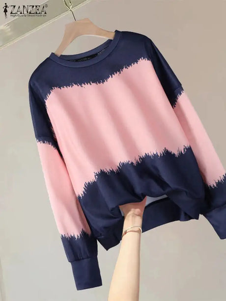 ZANZEA Women Sweatsshirts Spring Long Sleeve Hoodies 2025 Simple Round Neck Pullovers Casual Color Patchwork Harajuku Jumpers - Lootquake