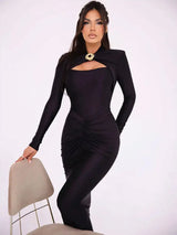 GACVGA Sexy Hollow Out Ruched Maxi Dress For Women 2024 Autumn Winter Long Sleeve Slit Slim Elegant Party Evening Long Dress - Lootquake