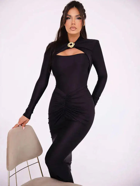 GACVGA Sexy Hollow Out Ruched Maxi Dress For Women 2024 Autumn Winter Long Sleeve Slit Slim Elegant Party Evening Long Dress - Lootquake