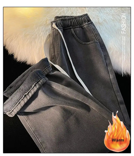 Thicken Velvet Lined Casual Wide Leg Jean  Warm Fashion High Waist Cowboy New Vaqueros  Winter Basic Snow Wear Women Denim Pants - Lootquake
