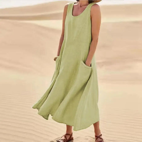 Cotton Linen Sleeveless Dress for Women Summer Pullover Skirt Vestidos Fashion Female Clothing Short Sleeved Loose Long Dress - Lootquake