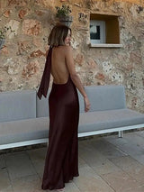 Off Shoulder Satin Halter Long Dress Woman Sexy Hanging Neck Female Pleated Dresses Summer Backless Midi Evening Party 2024 New - Lootquake