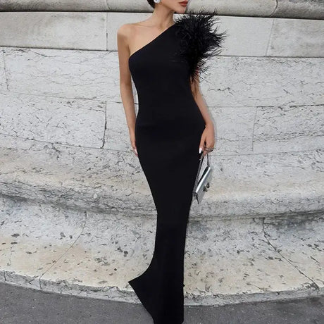 BWQ Black Sleeveless One Shoulder Feather Maxi Dress For Women Bodycon Sexy Party Elegant Long Dress Birthday Evening Outfit - Lootquake