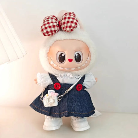 Labubu Doll Clothes & Accessories Denim Skirt With Red Bow Headband Set Trendy Outfits for Labubu Collectibles - Lootquake
