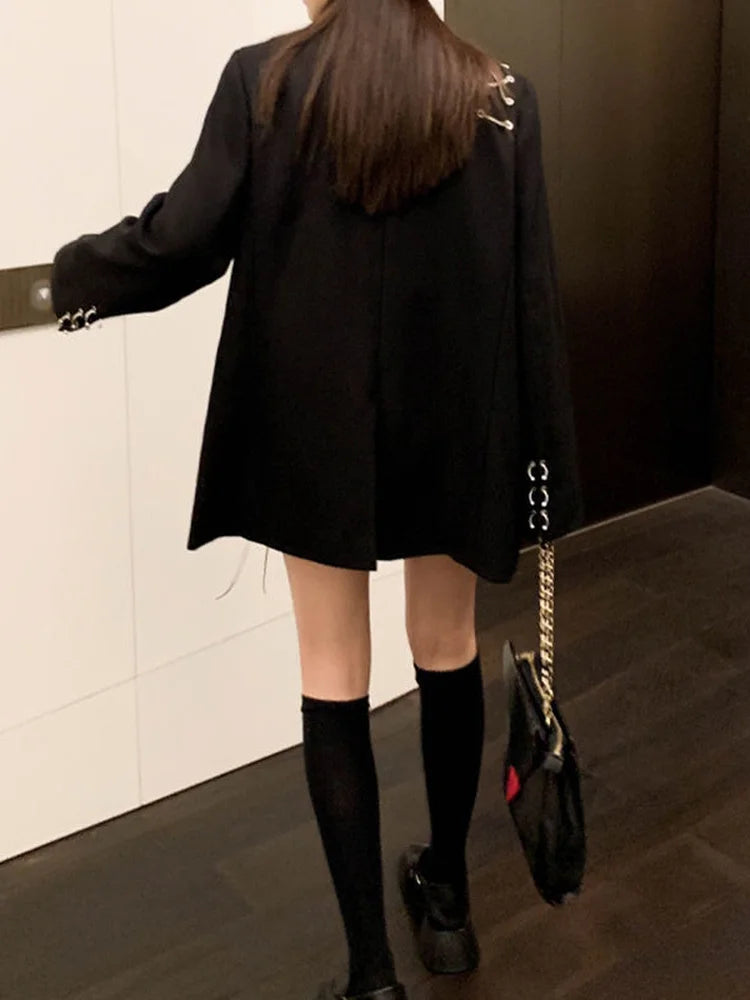KOSAHIKI Harajuku Women Jackets Black Gothic Punk Hip Hop Solid Vintage Blazer Coats  Chic Chain Loose Jacket Streetwear - Lootquake