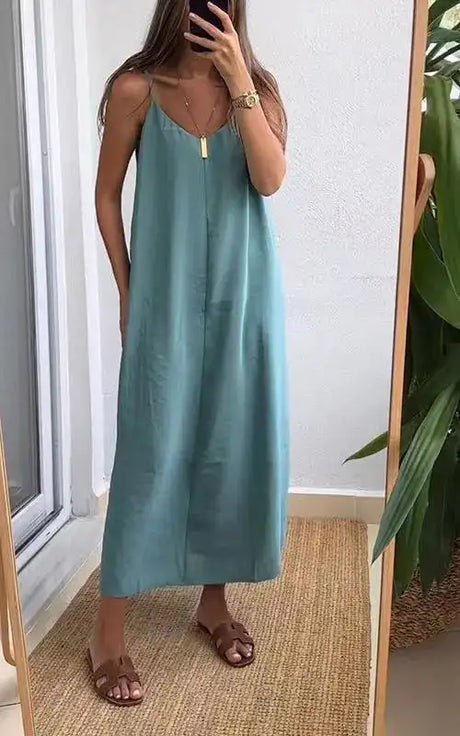 Summer Loose Spaghetti Strap Dresses Women Solid Color V-neck Casual Commuting Sleeveless Long Dress Female Fashion New Vestidos - Lootquake