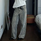 American Washed Leopard Print Wide Leg Jeans for Women Retro Street Distressed New Harajuku Style Hottie Baggy Y2K Casual Pants - Lootquake
