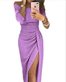 Slit Slash-neck Dress Women Sparkling Slim Long Dress Summer Korean Fashion Dinner Dress Bodycon Solid  Women Dresses Vestidos - Lootquake