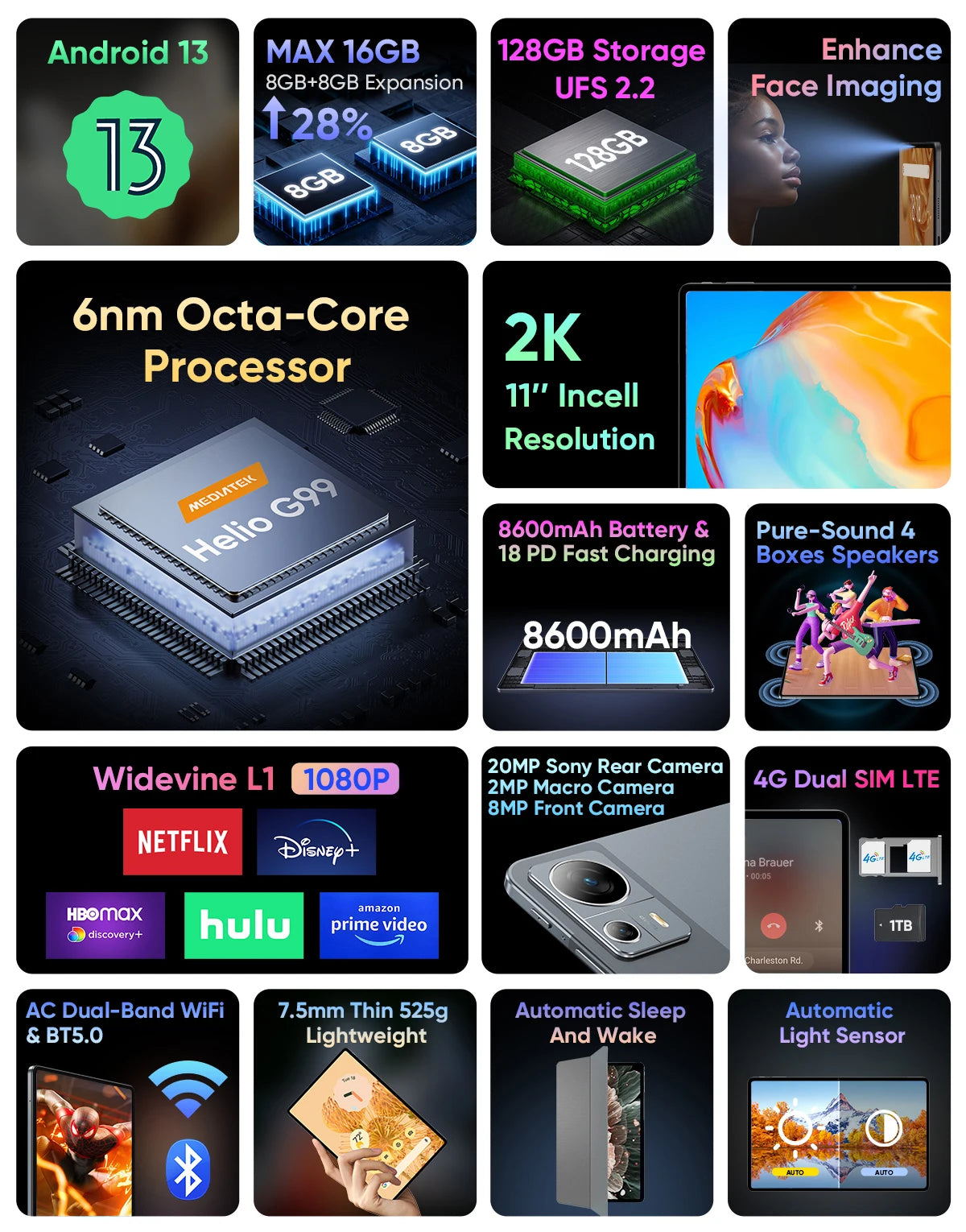 Tablette N-one NPad X1 MTK G99 8 cœurs 10,95 pouces Android 13 Charge rapide 8 600 mAh MAX 16 Go 128 Go 2 000 x 1 200 FHD 4G LTE Support L1