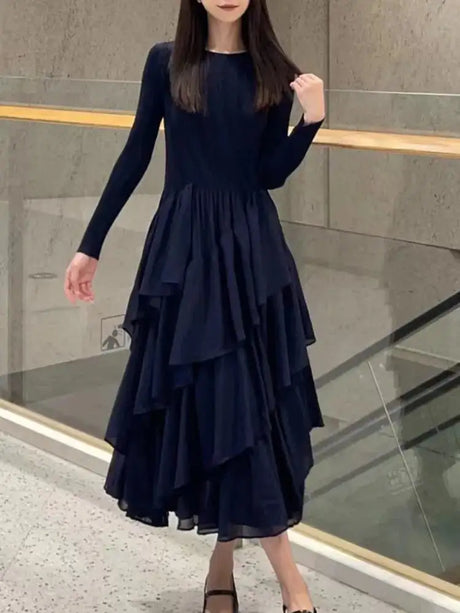LANMREM Elegant Pleated Long Dress For Women Round Neck Long Sleeves Ruffles A-line Dresses Fashion 2025 Spring New 32C2026 - Lootquake