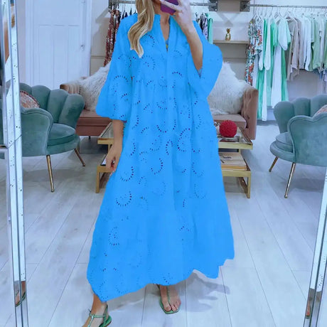 Fitshinling Cotton Long Dress Women Costume Flare Sleeve Slim A-Line Robe Fashion Hollow Out Lace Maxi Dresses Dance Wear - Lootquake
