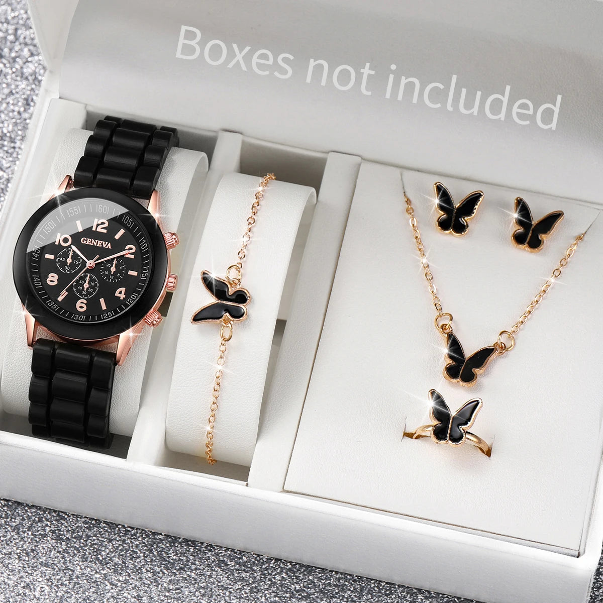 5/6PCS Women Watches Fashion Silicone Band Women Quartz Watches Jewelry Set Reloj Mujer Girls Clock Gift (Without Box) - Lootquake