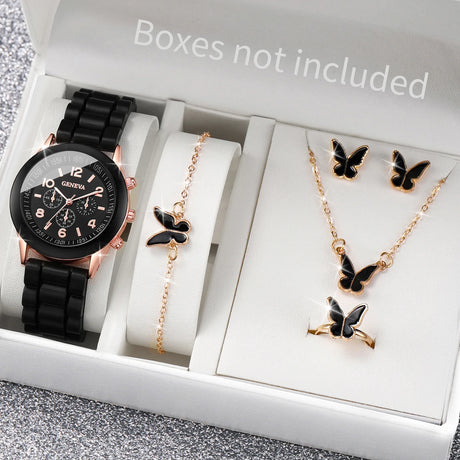 5/6PCS Women Watches Fashion Silicone Band Women Quartz Watches Jewelry Set Reloj Mujer Girls Clock Gift (Without Box) - Lootquake