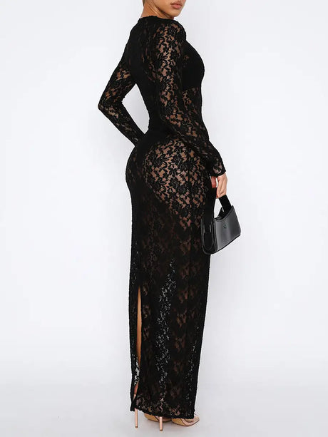 Women s Lace Long Dress Vintage Long Sleeve Round Neck Solid Color Bodycon Dress Party Gown - Lootquake