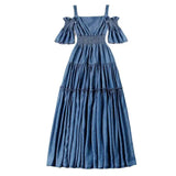 Denim 2023 summer new women's dress sling one word collar silk cowboy long dress - Lootquake