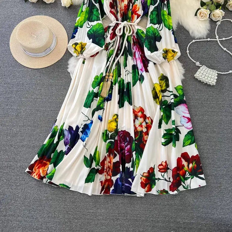 Spring Holiday Print Long Dress For Women Fashion Loose Lantern Sleeve Party Robe Female Big Swing Tassels Belt Pleated Clothes - Lootquake