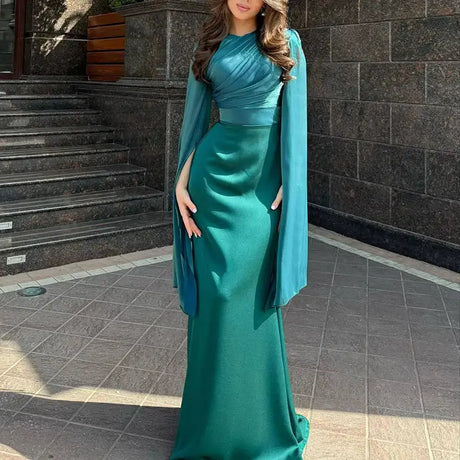 Fashion Satin Solid Robe Dress Ladies Temperament O-neck Slim Evening Dress Elegant Batwing Sleeves High Waist Pleats Long Dress - Lootquake