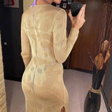 Deep V Dress Lace Up Long Sleeve Women Split Maxi Dress Crochet Knitted Tunic Mesh Sheer Sexy Bodycon Long Dress Vestido V4146B - Lootquake
