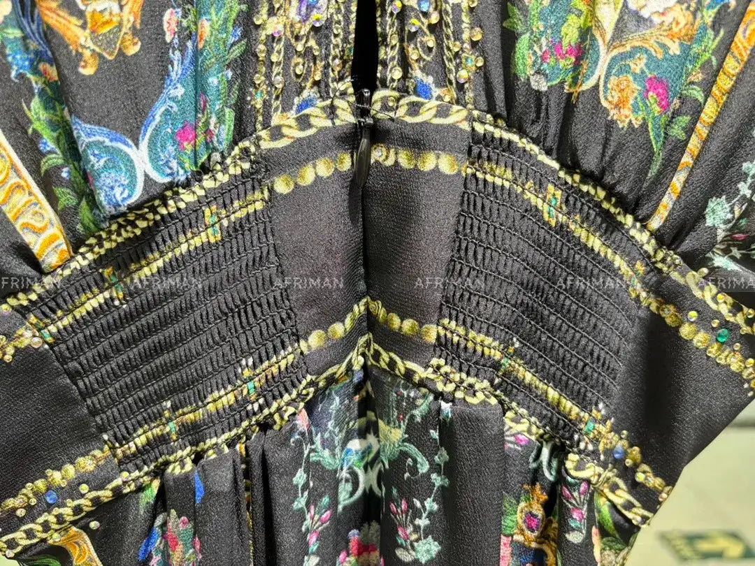 Women New V Neck Crystal Beaded Short Sleeve Retro Cartoon Print Elastic High Waist Silk Long Dress - Lootquake
