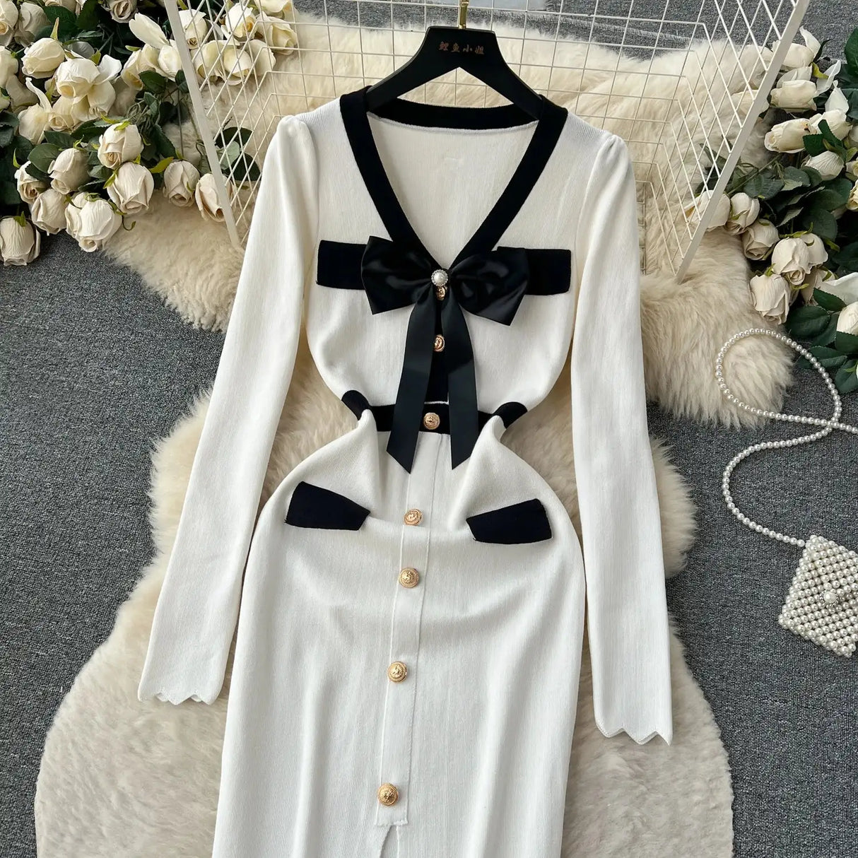 SINGREINY Office Lady Sweater Long Dress 2023 Bow Single Breasted Elastic Split Women Autumn Dress Fashion Senior Knitted Dress