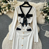 SINGREINY Office Lady Sweater Long Dress 2023 Bow Single Breasted Elastic Split Women Autumn Dress Fashion Senior Knitted Dress