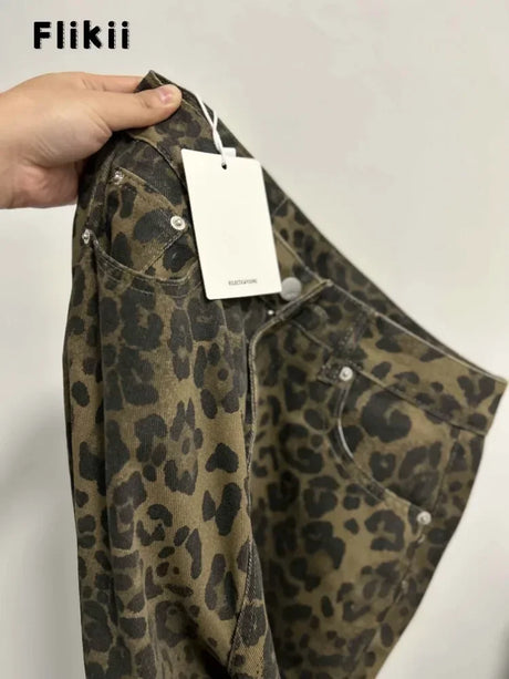 American Retro Leopard High Waist Baggy Jeans Women's Casual Pockets Hip-hop Pants 2024 Spring Y2K Oversiz Panther Denim Trouser - Lootquake
