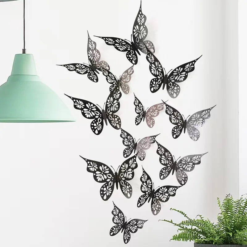 Lot de 12 autocollants muraux 3D en forme de papillon creux pour chambre à coucher, salon, décoration murale à faire soi-même, papier peint de mariage, décoration d'intérieur