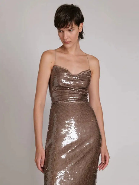 New Sexy Sleeveless Backless Lace-up Slim Long Dress Summer Elegant Pleated Backless Bright Sequins Dress Luxury Evening Dresses - Lootquake